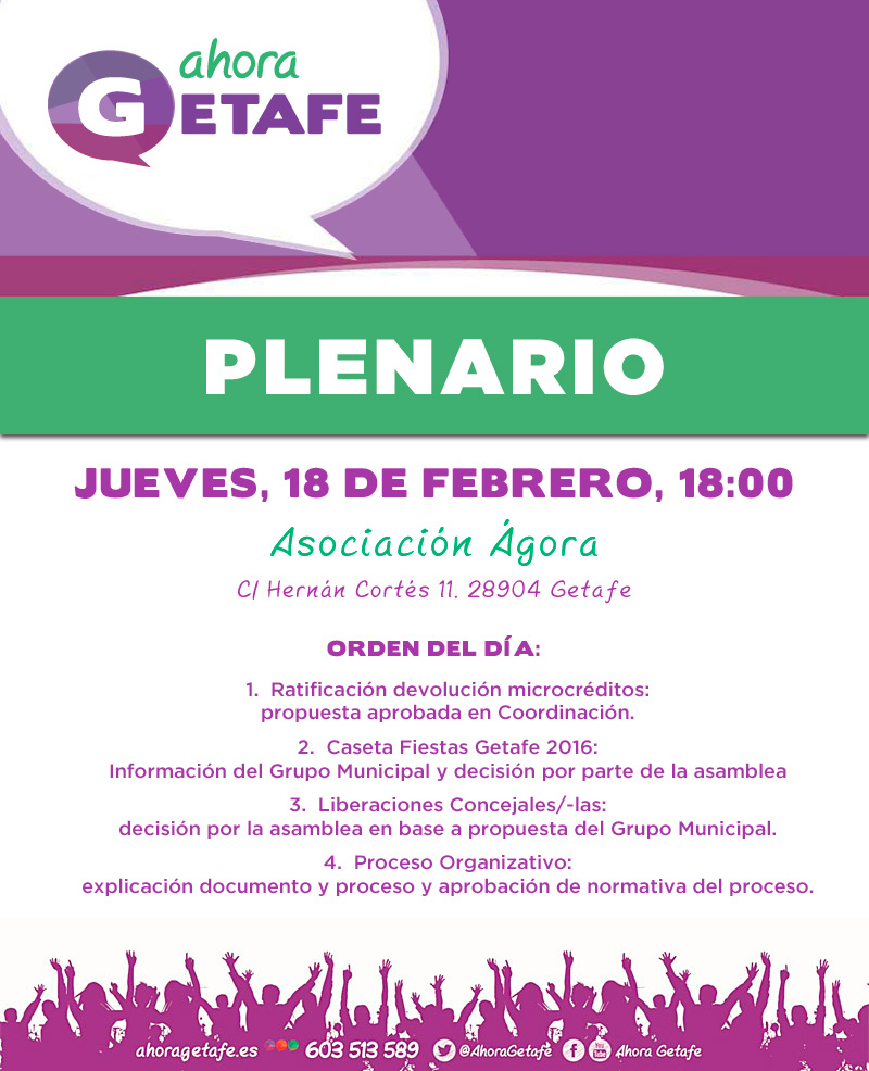 Plenario Ahora Getafe: jueves 18 febrero, 18:00 horas en Ágora