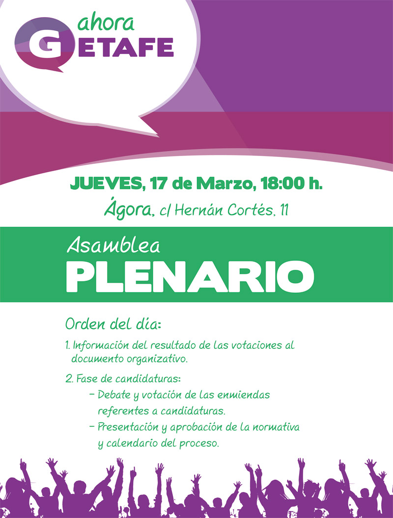 Plenario Ahora Getafe: jueves 17 marzo, 18:00 horas en Ágora