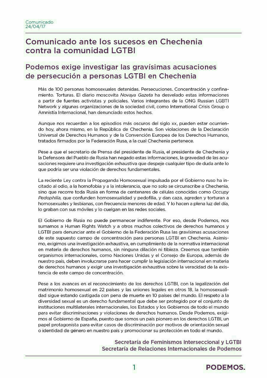 Comunicado ante los sucesos en Chechenia contra la comunidad LGTBI