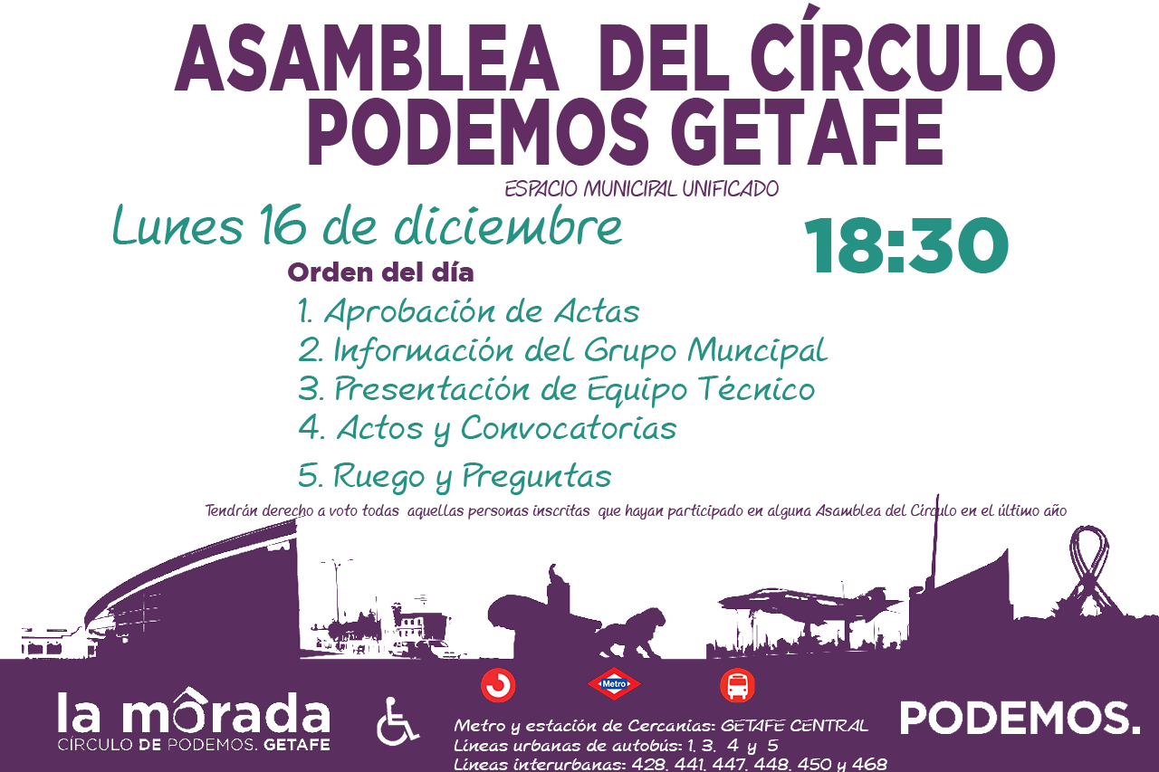 Convocatoria de la Asamblea del Círculo Podemos Getafe el lunes 16 de diciembre
