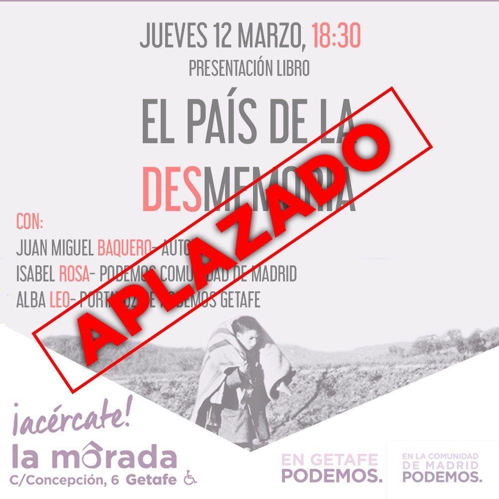 Aplazada la presentación del libro “El país de la desmemoria”, de Juan Miguel Baquero, en La Morada de Getafe